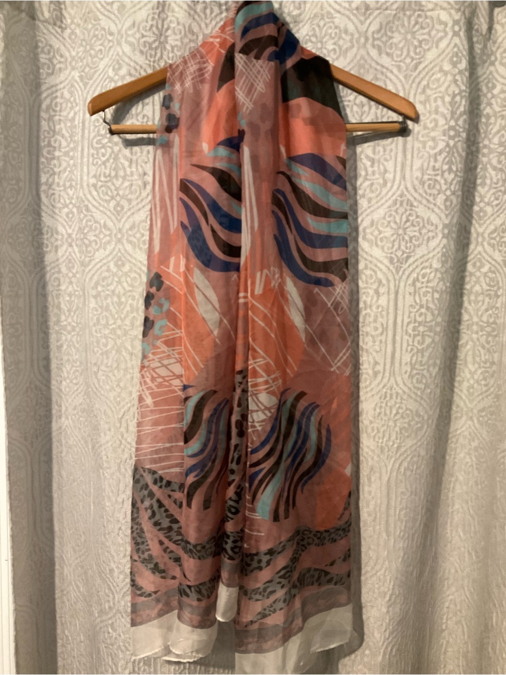 Source Unknown Peach Abstract Patterned Scarf with Blue and Gray Accents Silk bl